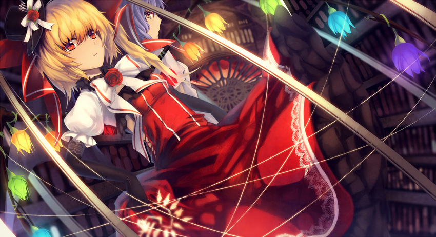 back-to-back banned_artist black_gloves blonde_hair dress dutch_angle elbow_gloves eva200499 flandre_scarlet flower gloves hat hat_ribbon indoors lavender_hair multiple_girls red_eyes remilia_scarlet revision ribbon rose short_hair siblings side_ponytail sisters touhou wings