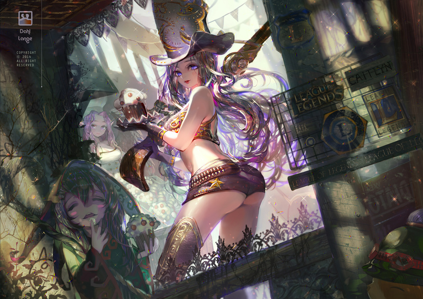 ass caitlyn dahl_lange gun hat league_of_legends lulu morgana_(league_of_legends) purple_eyes purple_hair shorts weapon