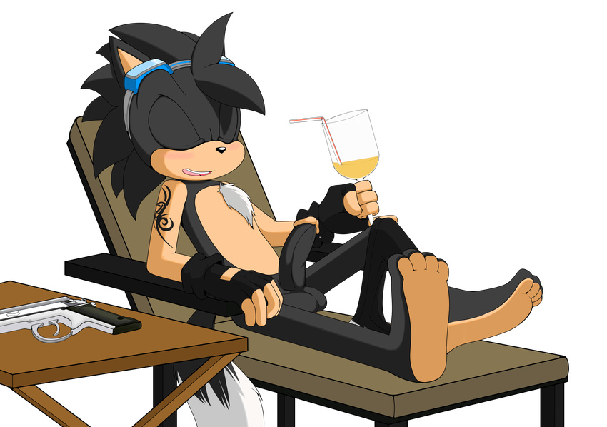 alcohol alpha_channel anthro barefoot beverage black_fur blush chest_tuft drunk erection eyes_closed eyewear fluffy_tail fur goggles gun hedgefox hi_res hindpaw horny jammiez male nude patio_chair paws peach_fur penis pina_colada pistol ranged_weapon relaxing sega sonic_(series) striker sunbathing tattoo tuft walther_ppk weapon