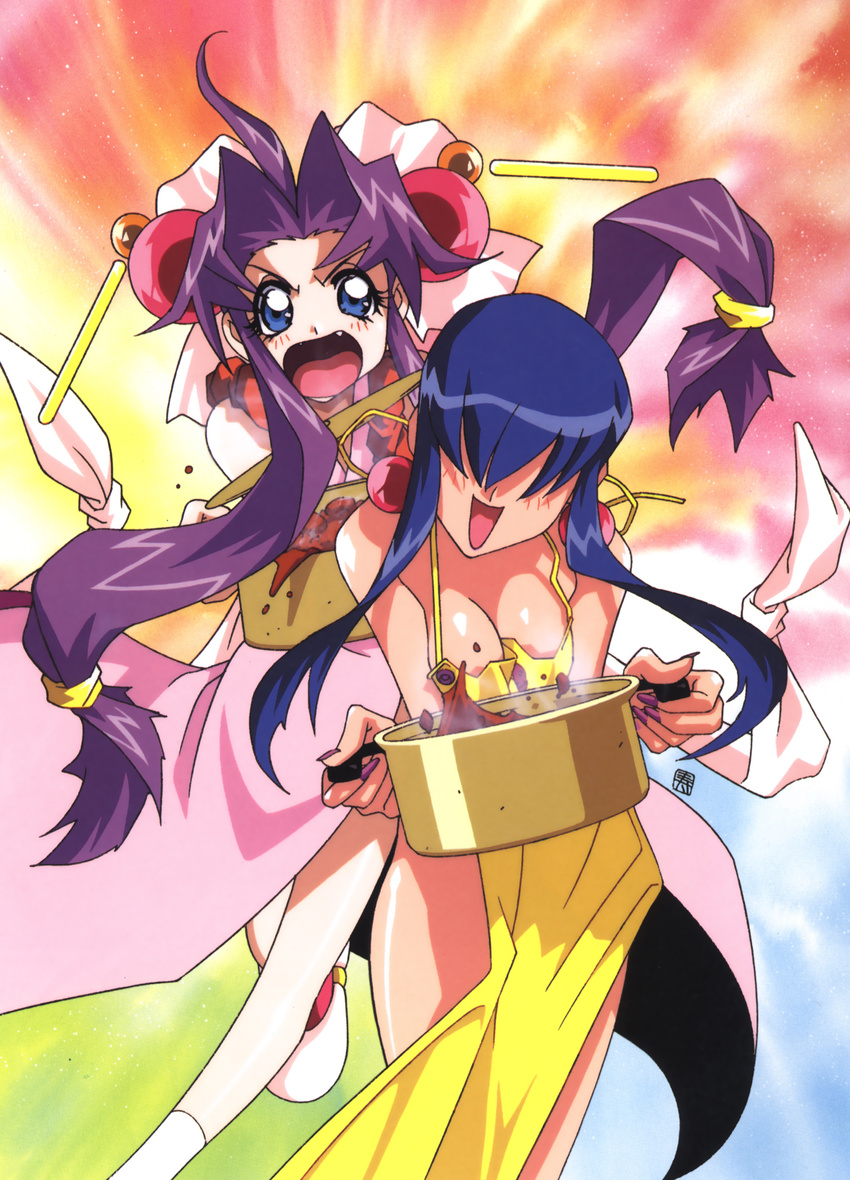 90s ahoge apron blue_eyes bow breasts carrying cherry_(saber_j) cleavage fang floating_hair food hair_over_eyes highres kotobuki_tsukasa long_hair luchs medium_breasts multiple_girls nail_polish naked_apron official_art open_mouth pink_bow pot purple_hair saber_marionette_j sidelocks