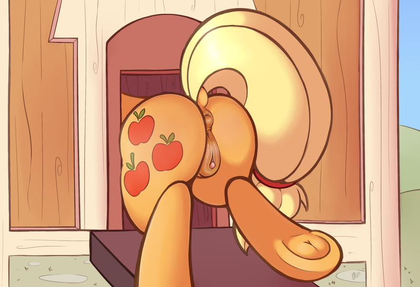 absurd_res applejack_(mlp) back_turned blonde_tail butt chicken_coop clitoral_winking clitoris cutie_mark equine female friendship_is_magic fur hair hi_res hooves horse mammal my_little_pony one_eye_closed orange_fur pony presenting pussy raised_tail ratofdrawn solo wink