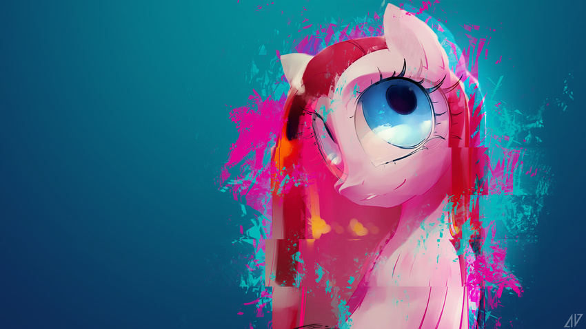 blue_background blue_eyes friendship_is_magic glitch hair iopichio jave_the_13 my_little_pony pink_hair pinkie_pie_(mlp) plain_background smile solo
