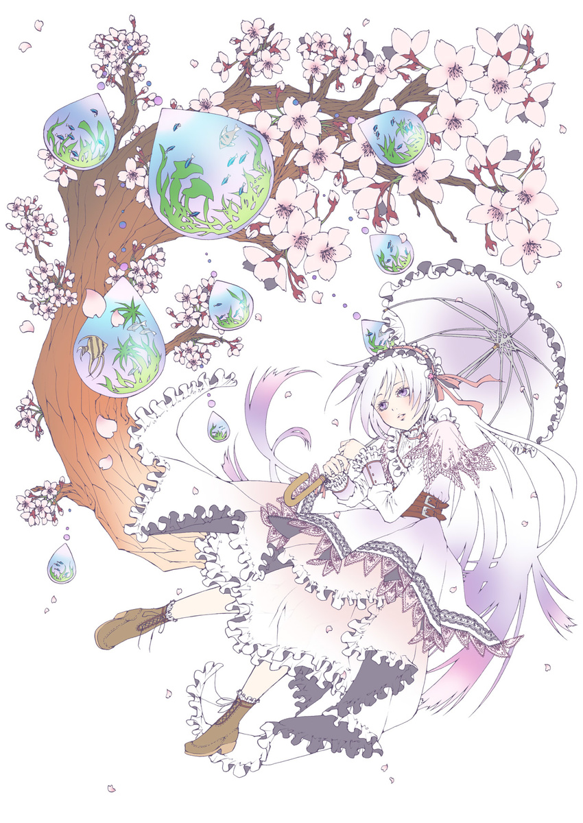 dress flower h-noi highres long_hair original purple_eyes solo umbrella white_hair