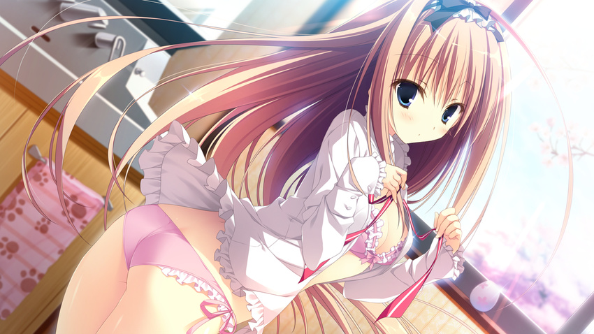 ass blue_eyes blush bow bow_bra bow_panties bra breasts brown_hair dutch_angle frilled_bra frilled_panties frills game_cg inugami_kira kitchen long_hair looking_at_viewer majo_koi_nikki medium_breasts nanno_alice open_clothes open_shirt panties paw_print pink_bra pink_panties shirt side-tie_panties solo underwear