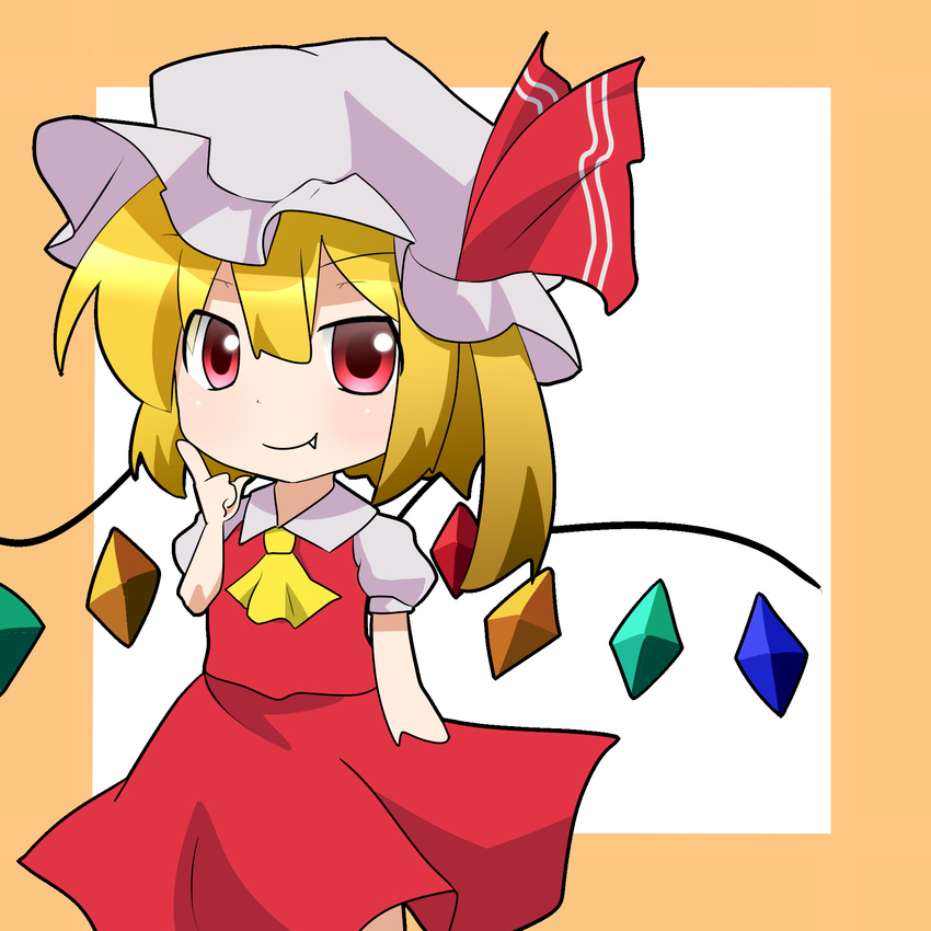 ascot blonde_hair chibi collared_shirt fang fang_out finger_to_cheek flandre_scarlet hat hat_ribbon highres looking_at_viewer mob_cap puffy_short_sleeves puffy_sleeves red_eyes ribbon shirt short_sleeves side_ponytail simple_background skirt skirt_set smile solo torizaki_kuyuri touhou vest wings
