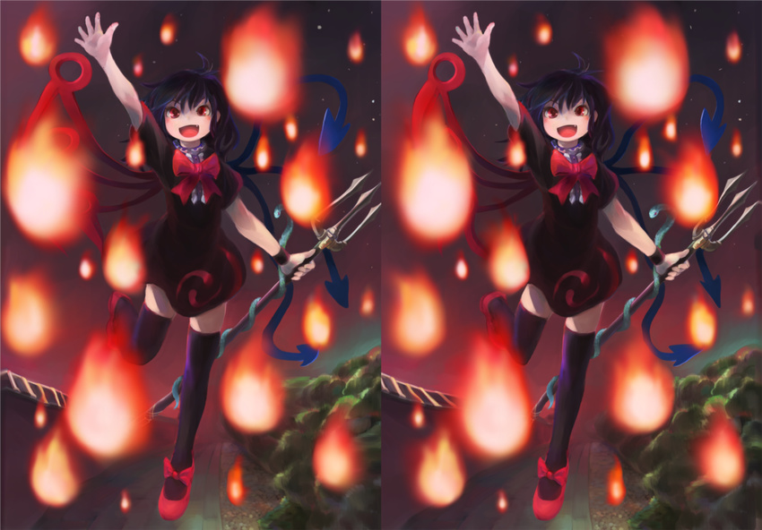 arm_up asymmetrical_wings black_hair black_legwear bow dress fang fire houjuu_nue ichiba_youichi mary_janes open_mouth polearm red_eyes shoes short_hair smile snake solo stereogram thighhighs touhou weapon wings