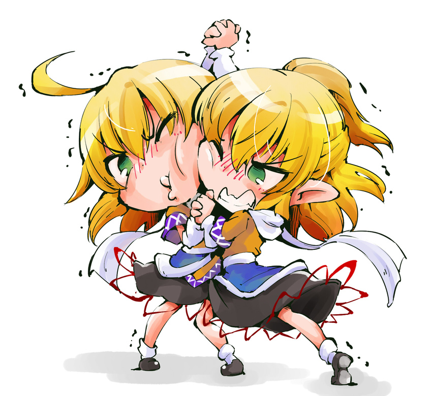 ahoge arm_warmers blonde_hair clone commentary dual_persona fighting green_eyes highres mizuhashi_parsee multiple_girls pointy_ears puffy_cheeks pushing sash scarf shinapuu short_hair simple_background skirt touhou