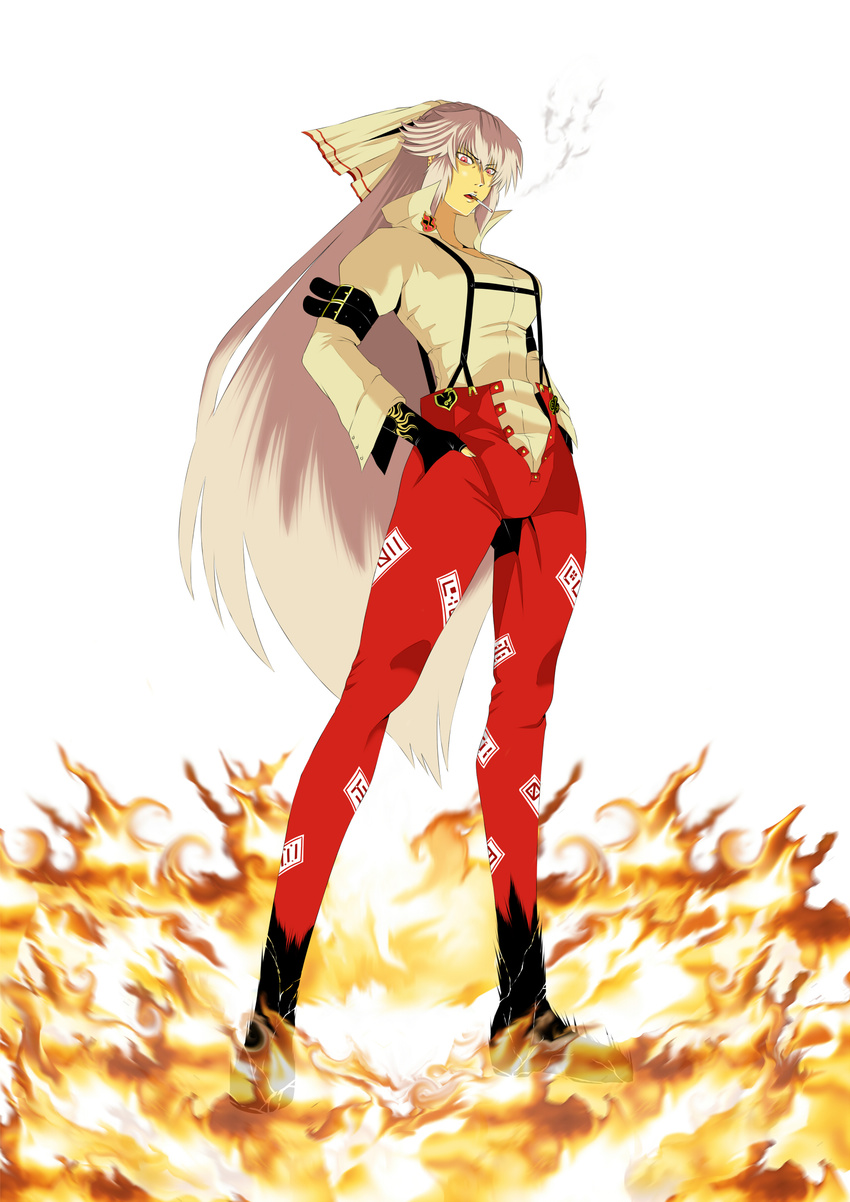 absurdres bow cigarette fingerless_gloves fire fujiwara_no_mokou gloves hair_bow hair_ribbon hands_in_pockets highres long_hair open_pants pants popped_collar red_eyes ribbon shirt silver_hair simple_background smoking solo suspenders touhou unbuttoned versapro very_long_hair white_background