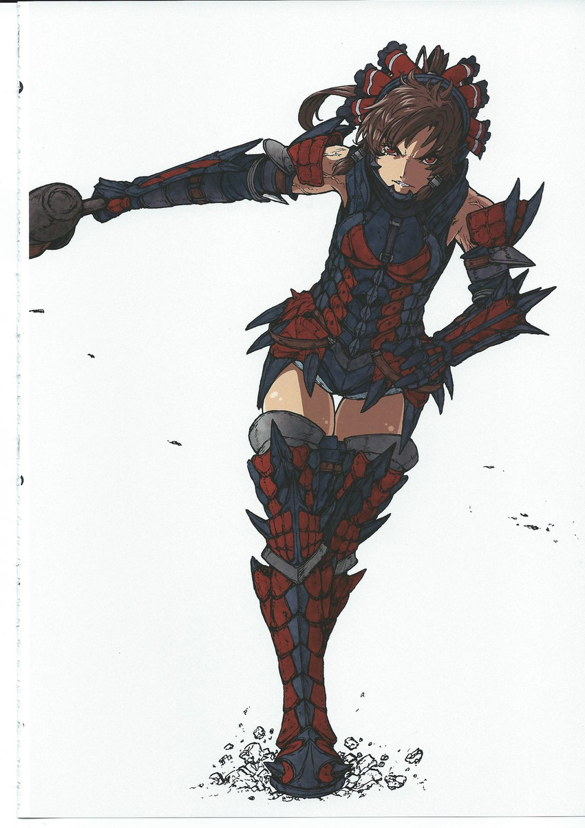 armor armored_boots artbook boots bow comic gauntlets hair_bow hakurei_reimu highres imizu_(nitro_unknown) looking_at_viewer monster_hunter rathalos_(armor) scan scan_artifacts solo sword thigh_boots thighhighs touhou veins weapon