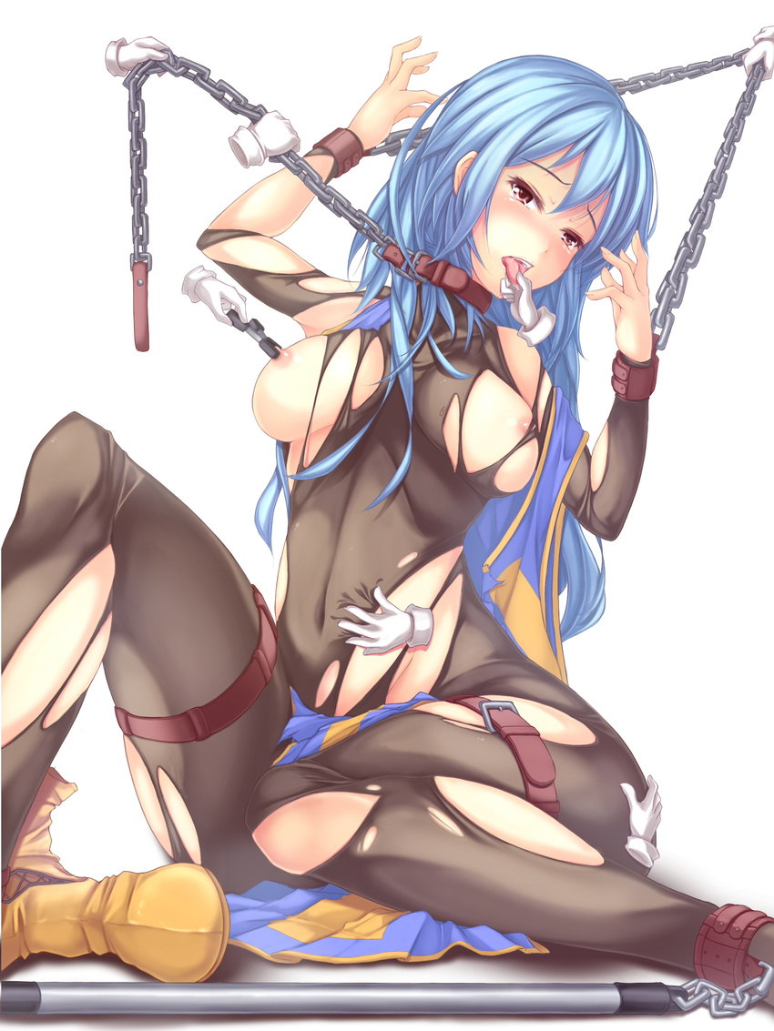 absurdres bdsm blue_hair blush bondage bound breasts chain collar cuffs cyoppu dragon_quest dragon_quest_iii highres large_breasts leash long_hair nipple_clamps nipples priest_(dq3) red_eyes solo spreader_bar tears tongue tongue_out torn_clothes