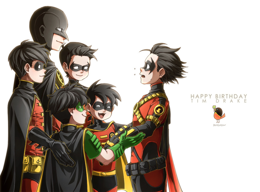 1boy batman_(series) bird birthday black_hair cape character_name dc_comics domino_mask gauntlets gloves male male_focus mask multiple_persona red_robin robin robin_(dc) silverly smile standing tim_drake