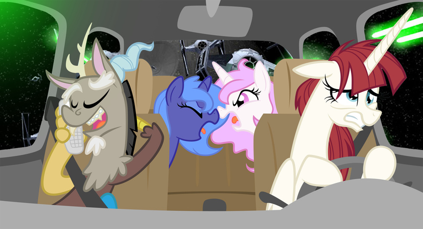braces discord_(mlp) draconequus driving equestria-prevails equine eyes_closed female friendship_is_magic fur group hair horn lauren_faust_(character) male mammal my_little_pony open_mouth pink_eyes pink_hair princess_celestia_(mlp) princess_luna_(mlp) red_hair space star_wars teal_eyes teeth tie-fighter tongue white_fur winged_unicorn wings