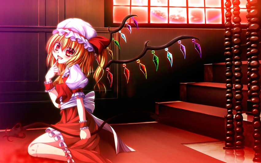 ascot blonde_hair blood fang flandre_scarlet gradient gradient_background hat hatomura_(tareneko_club) head_tilt highres holding laevatein open_mouth red_eyes side_ponytail sitting smile solo stairs touhou wings wristband