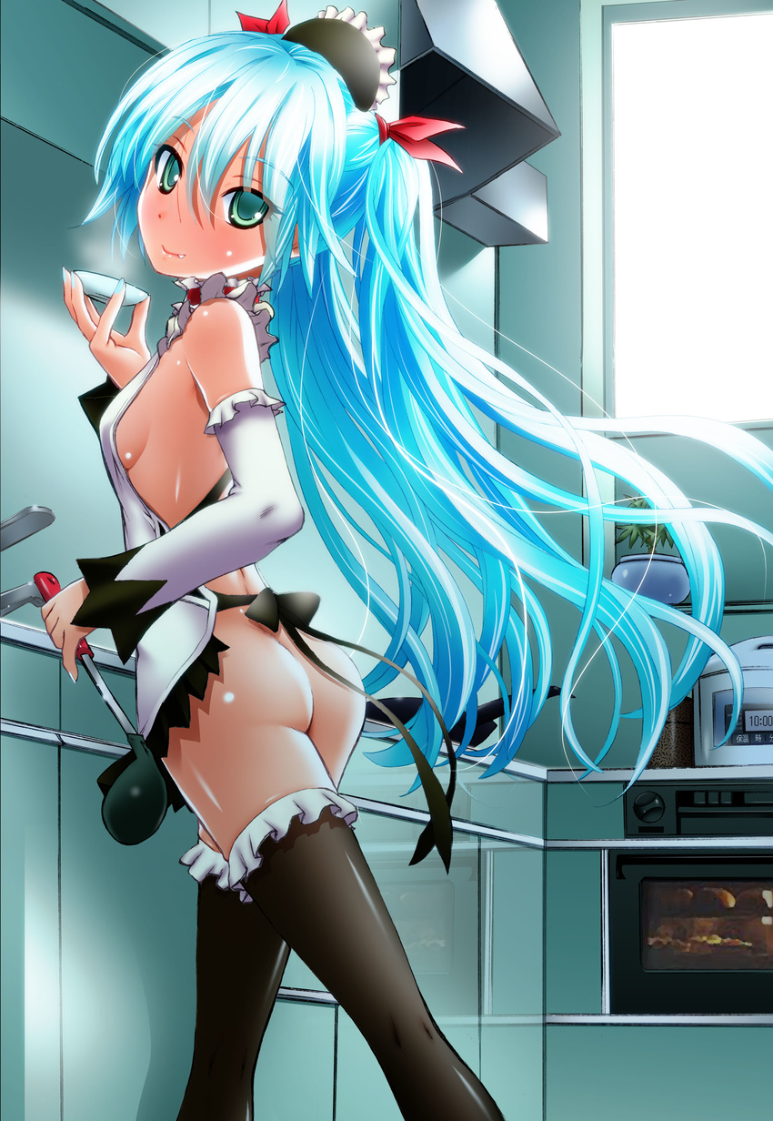absurdres apron ass blue_hair breasts fang frills green_eyes highres kitchen ladle long_hair looking_at_viewer maid_headdress naked_apron no_panties small_breasts solo thighhighs tumugi000 twintails