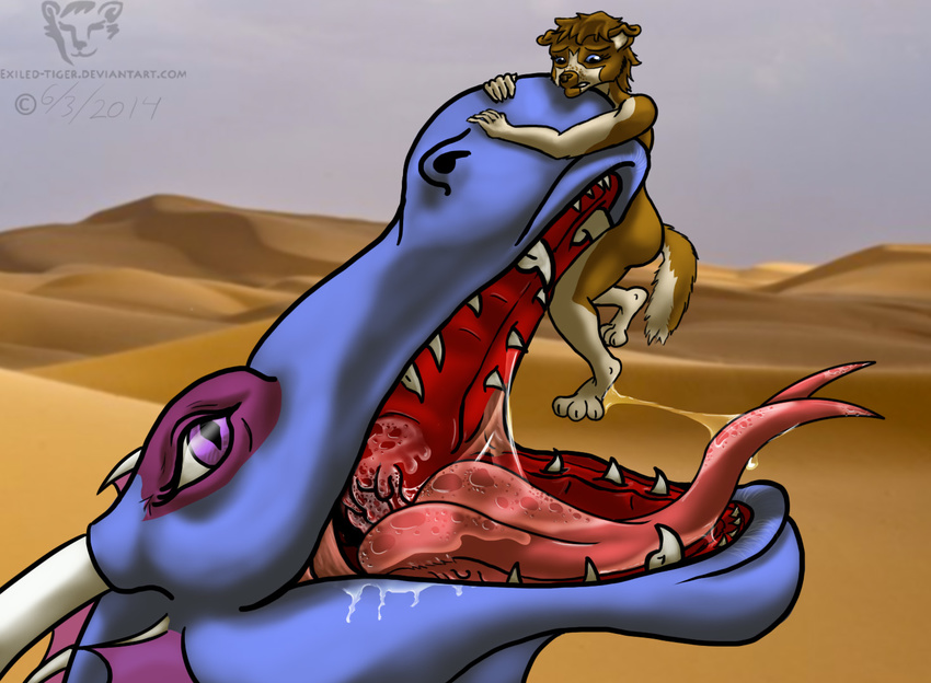 desert dragon drooling dry'nayra dry'nayra exiled-tiger female frightened hanging imminent_vore licking mawshot open_mouth saliva scared size_difference tongue vore worried