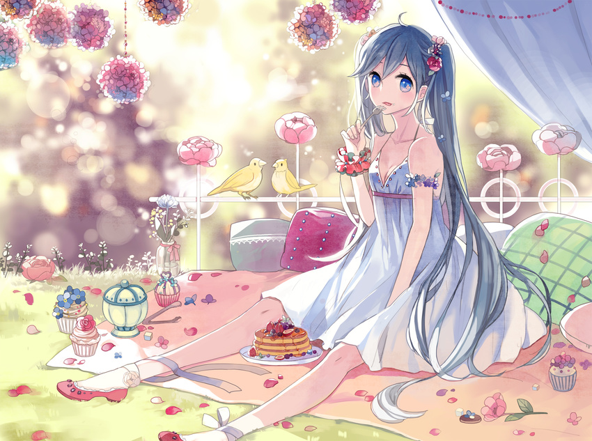 aqua_hair bird blue_eyes cupcake cushion dress flower food fork hair_flower hair_ornament hatsune_miku highres long_hair mig_(36th_underground) pancake petals shoes sitting socks solo twintails very_long_hair vocaloid