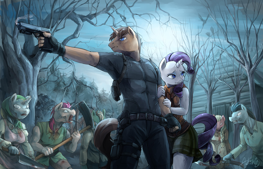 absurd_res anthro anthrofied ashley_graham audrarius blue_eyes brown_fur brown_hair capcom clothing crossover equine female forest friendship_is_magic fur group gun hair hi_res horn leon_kennedy male mammal my_little_pony night original_character pistol purple_hair ranged_weapon rarity_(mlp) resident_evil resident_evil_4 tree undead unicorn video_games weapon white_fur zombie