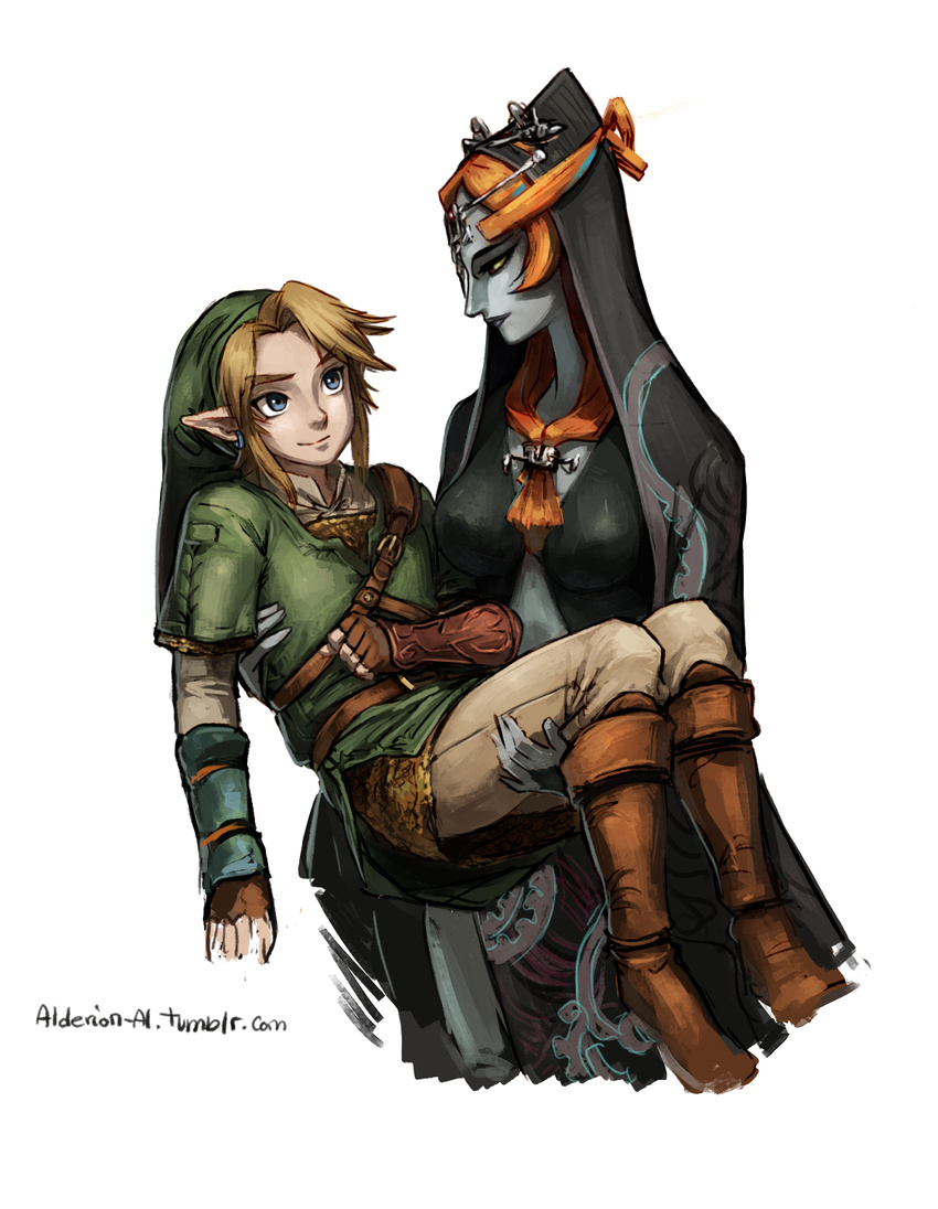 1girl alderion-al blue_skin boots bracer carrying front_ponytail highres hood knee_boots link midna midna_(true) orange_hair pointy_ears princess_carry role_reversal smile spoilers the_legend_of_zelda the_legend_of_zelda:_twilight_princess tunic