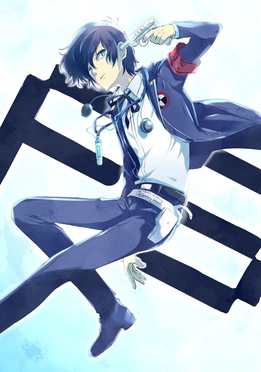 armband bad_id bad_pixiv_id blue_eyes blue_hair evoker gun gun_to_head highres holding holding_gun holding_weapon jewelry male_focus necklace persona persona_3 ribbon school_uniform serisawa solo weapon yuuki_makoto