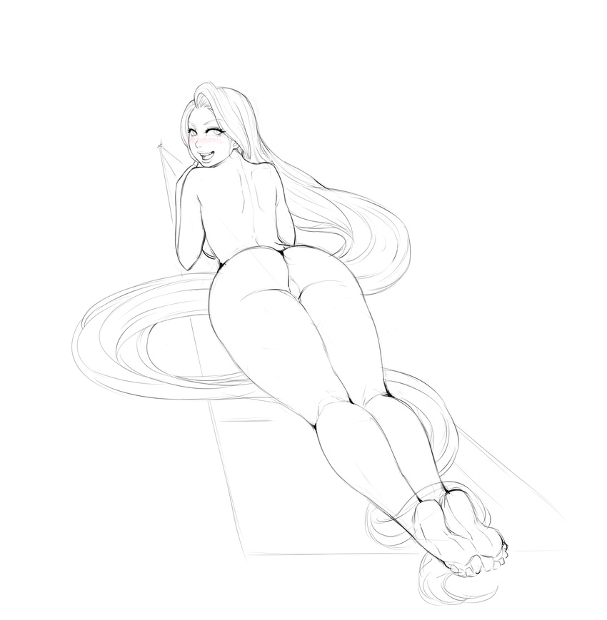 absurdly_long_hair absurdres ass back barefoot breasts curvy full_body greyscale highres large_breasts lineart lips lm_(legoman) long_hair long_legs looking_at_viewer looking_back monochrome nude pinup rapunzel_(disney) sideboob sketch smile soles solo tangled thick_thighs thighs toes very_long_hair wide_hips