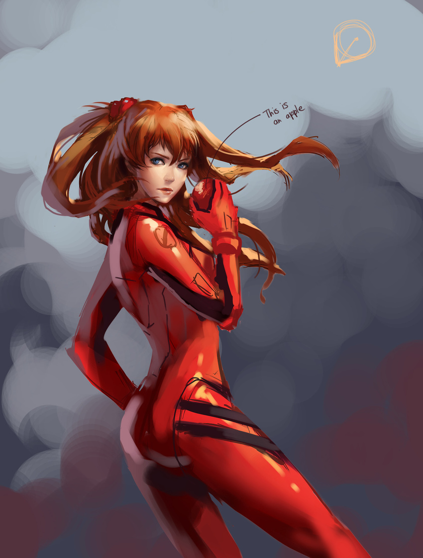 apple ass blue_eyes bodysuit food from_behind fruit hairpods highres long_hair md5_mismatch neon_genesis_evangelion plugsuit solo souryuu_asuka_langley two_side_up unodu