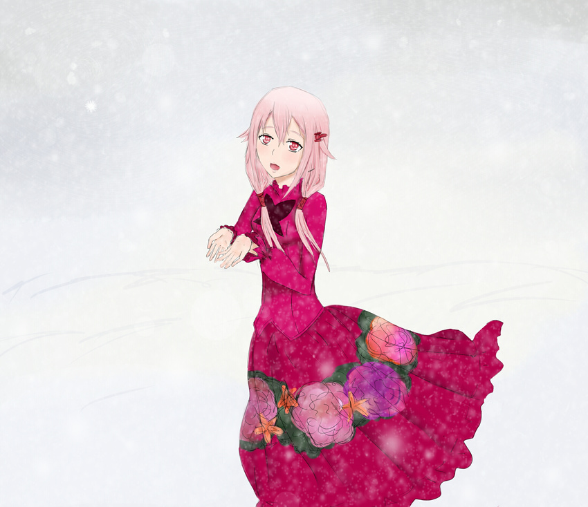 aris-chan dress guilty_crown hair_ornament hairclip highres long_hair long_sleeves pink_hair red_eyes snowing solo twintails yuzuriha_inori