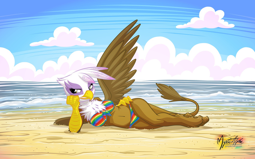 avian beach cloud female friendship_is_magic gilda_(mlp) gryphon hi_res looking_at_viewer my_little_pony mysticalpha navel outside seaside solo swimsuit water