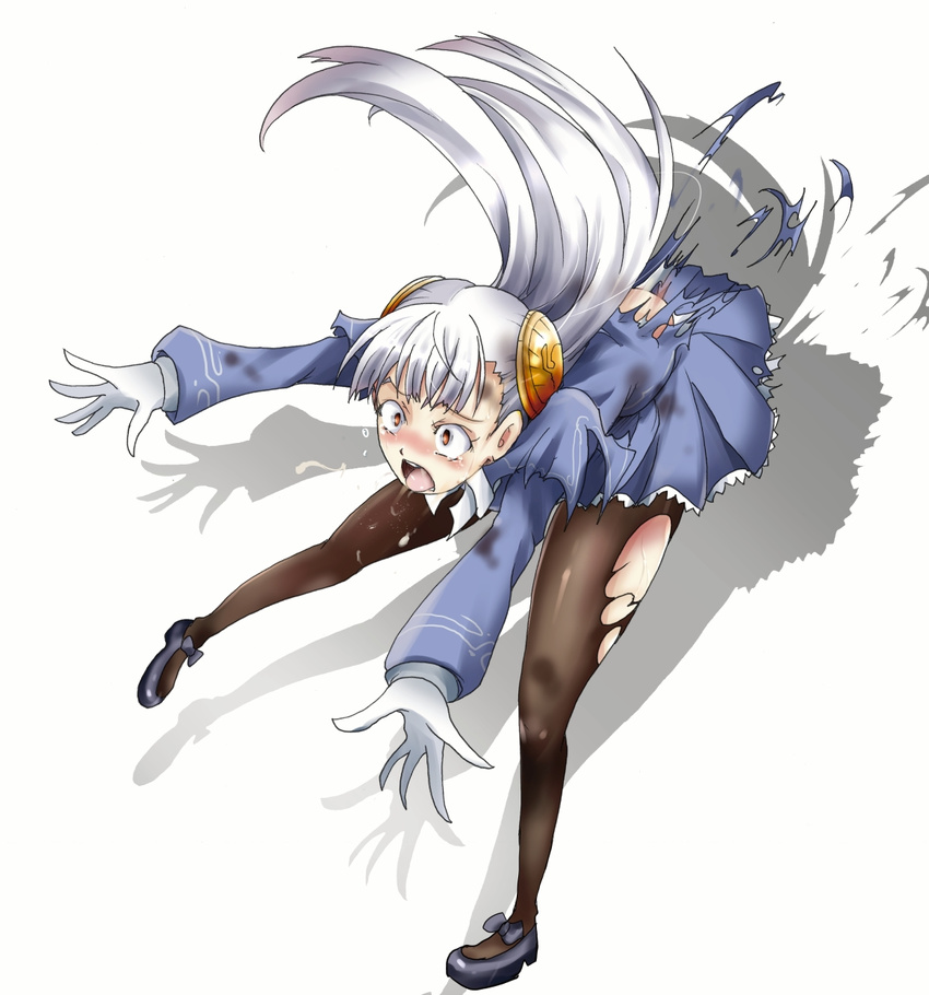 1girl belly_punch blush bruise bun_cover capcom capcom_fighting_jam constricted_pupils dirty double_bun dress gloves hairpods highres hips ingrid injury legs legwear long_hair mary_janes open_mouth pantyhose punching red_eyes ryona saliva shadow shoes silver_hair stomach_punch street_fighter street_fighter_zero street_fighter_zero_3 suga_leon sugareya tears tongue tongue_out torn_clothes torn_pantyhose very_long_hair white_gloves