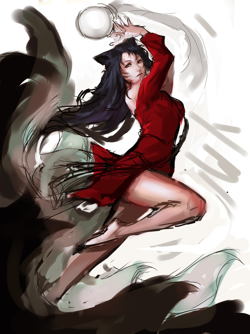 ahri animal_ears bare_legs bare_shoulders barefoot fox_ears fox_tail highres korean_clothes league_of_legends long_hair orb sketch solo tail unodu whisker_markings