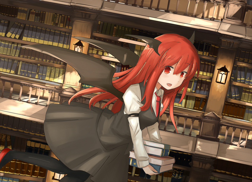 :d armband bat_wings black_legwear book book_stack bookshelf carrying dutch_angle flying head_wings highres hinami047 koakuma library long_hair looking_at_viewer low_wings necktie open_mouth pantyhose red_eyes red_hair red_neckwear shoes skirt skirt_set smile solo touhou very_long_hair vest voile wings