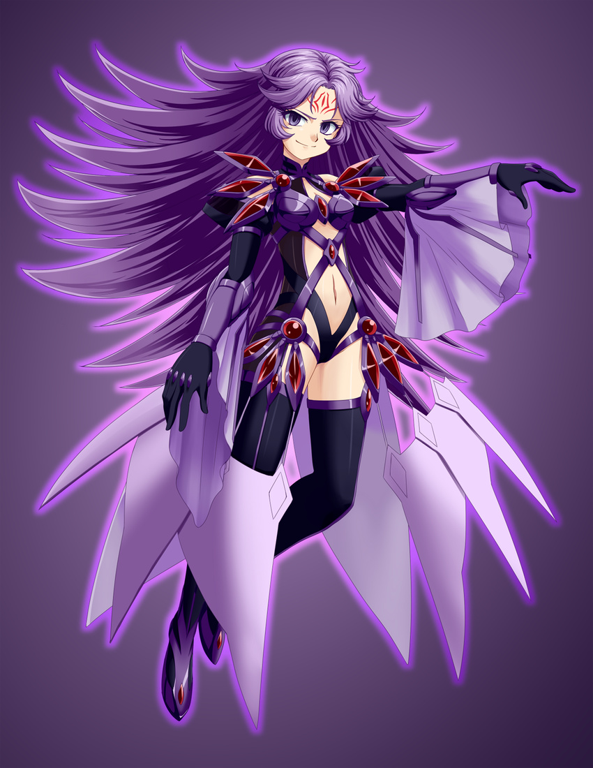 center_opening corruption floating gradient gradient_background gufreedom highres latooni_subota leotard long_hair long_sleeves looking_at_viewer machinery mechanical_wings navel outstretched_arm purple purple_background purple_eyes purple_hair smirk solo stomach super_robot_wars thighs wide_sleeves wings
