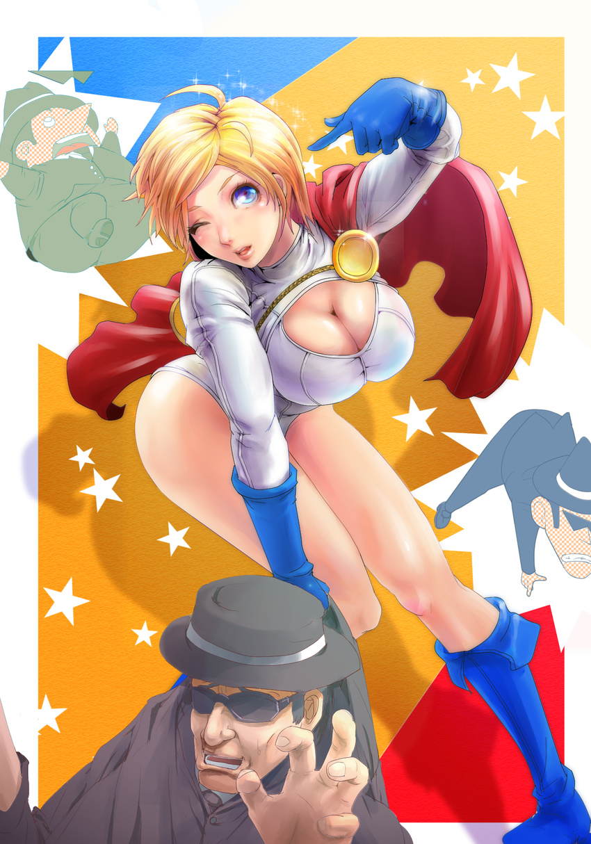 1girl alien blonde_hair blue_eyes blue_shoes breasts cape cleavage cleavage_cutout dc_comics flying gloves kryptonian leotard power_girl shoes wink