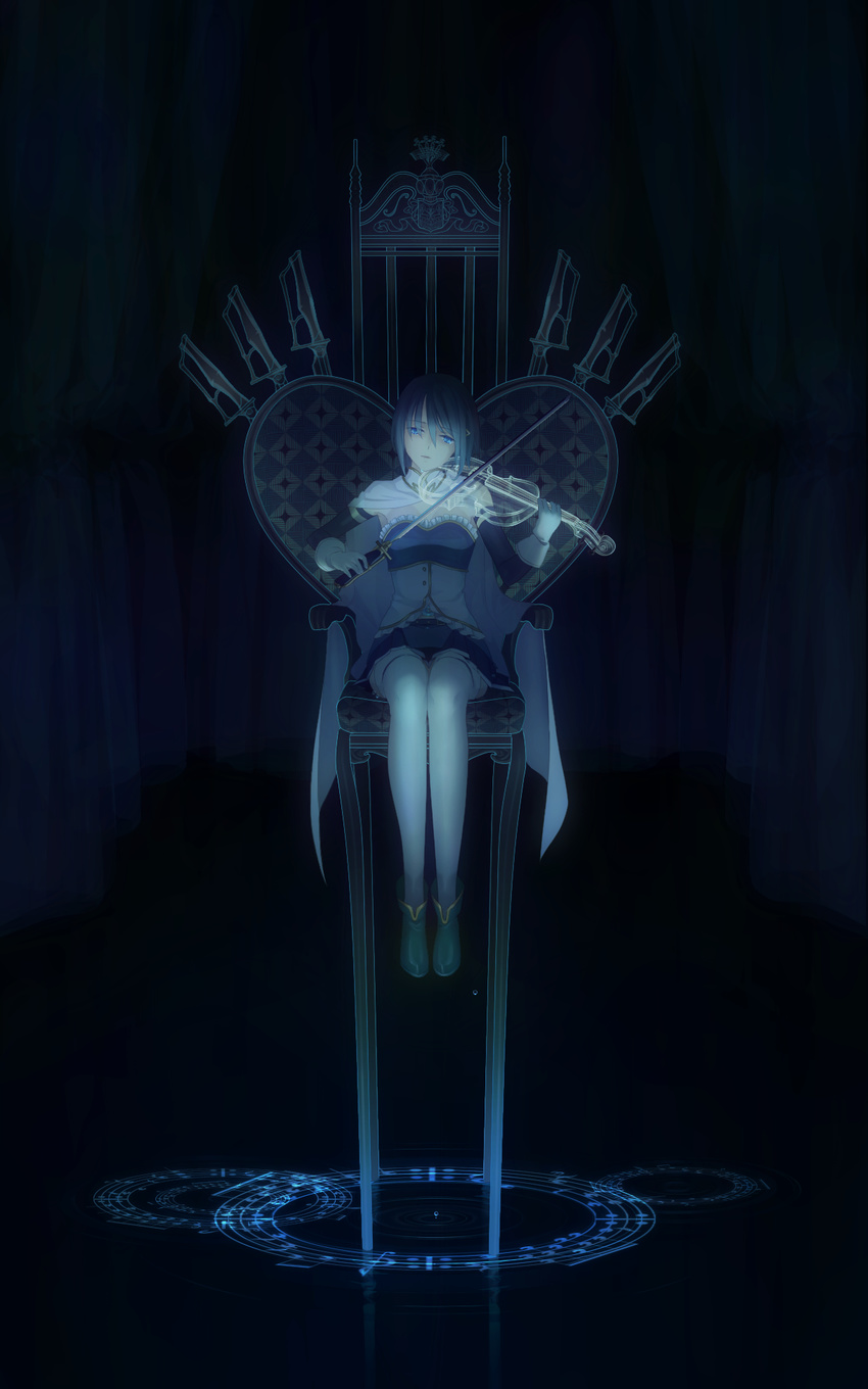 ankle_boots bad_id bad_pixiv_id belly_peek blue_eyes blue_footwear blue_hair boots bow_(instrument) cape chair curtains dark empty_eyes frills gloves hair_over_one_eye heart highres holding holding_instrument holding_sword holding_weapon instrument magic_circle magical_girl mahou_shoujo_madoka_magica miki_sayaka music musical_note oktavia_von_seckendorff parted_lips playing_instrument qqnc22z9 revision ripples short_hair sitting solo soul_gem spoilers staff_(music) strapless sword tears thighhighs throne transparent violin water_drop weapon white_cape white_gloves white_legwear