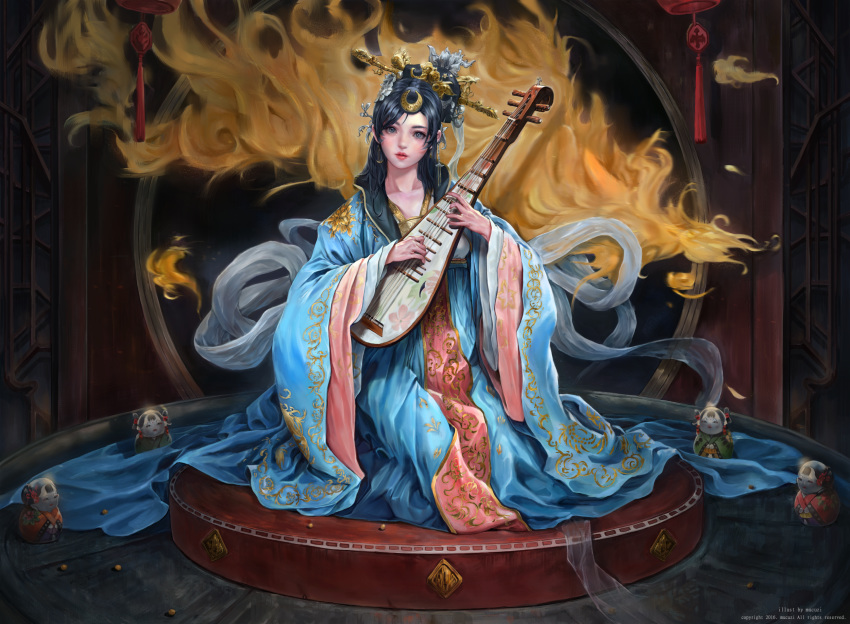 1girl artist_name biwa_lute black_eyes black_hair chinese_clothes dated doll earrings gray_eyes hair_ornament hair_stick hair_up headdress highres holding holding_instrument indoors instrument jewelry kneeling lipstick long_hair lute_(instrument) makeup mucuzi original realistic watermark wide_sleeves wind_chime