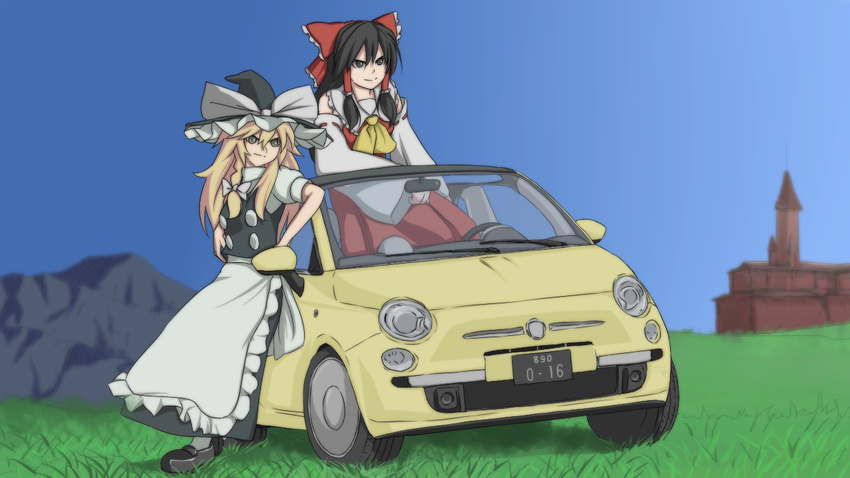 &gt;:) apron ascot black_eyes black_hair blonde_hair bow braid brown_eyes car convertible day detached_sleeves determined dress fiat_500 frilled_shirt_collar frills grass ground_vehicle hair_bow hair_tubes hakurei_reimu hat hat_bow kirisame_marisa kugi_(kugi-xiv) large_bow leaning_back loafers long_hair long_skirt long_sleeves motor_vehicle mountain multiple_girls outdoors puffy_short_sleeves puffy_sleeves ribbon-trimmed_sleeves ribbon_trim scarlet_devil_mansion shoes short_sleeves single_braid sitting skirt skirt_set smile touhou turtleneck v-shaped_eyebrows vest waist_apron wide_sleeves witch_hat