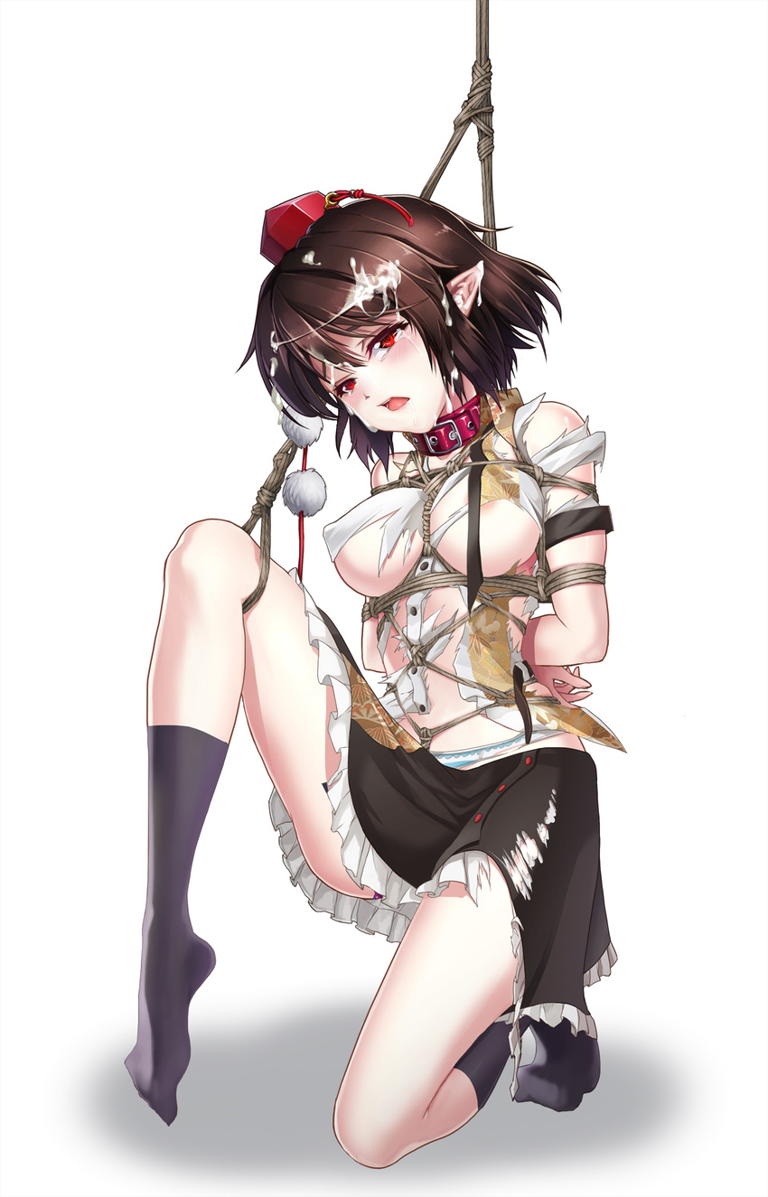 areola_slip areolae arms_behind_back bdsm bondage bound breasts bukkake collar covered_nipples cum error highres kneehighs large_breasts leaf_print looking_at_viewer open_mouth pointy_ears red_eyes rope shameimaru_aya shibari shinebell short_hair solo torn_clothes touhou