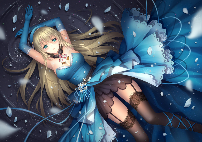 adapted_costume alternate_legwear arms_up atago_(kantai_collection) bare_shoulders beret black_legwear blonde_hair blue_dress blue_gloves blush breasts dress elbow_gloves flower garter_straps gloves green_eyes hat kantai_collection lace lace-trimmed_dress lace-trimmed_gloves lace-trimmed_thighhighs large_breasts long_hair long_legs lying on_back parted_lips petals ribbon ripples smile solo thighhighs tidsean water