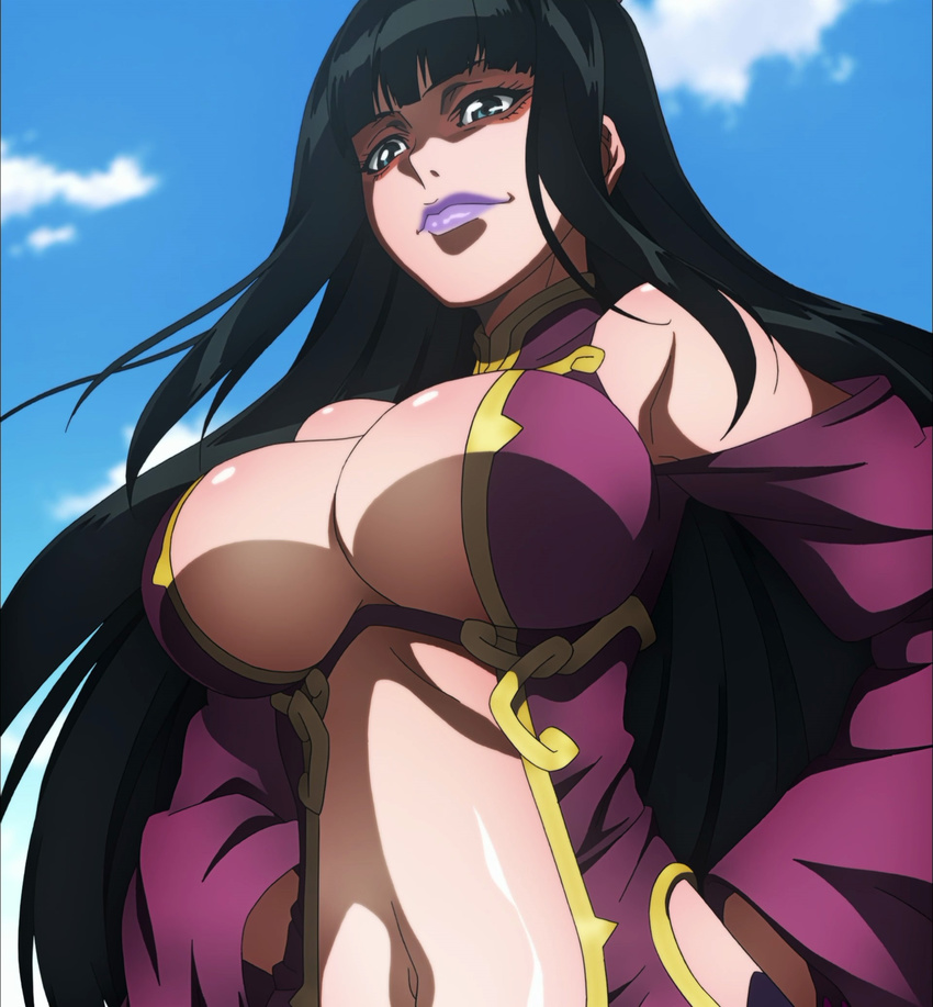 1girl black_hair blue_eyes breasts cleavage fuuun_ishin_dai_shogun highres houkouin large_breasts long_hair screencap solo standing stitched