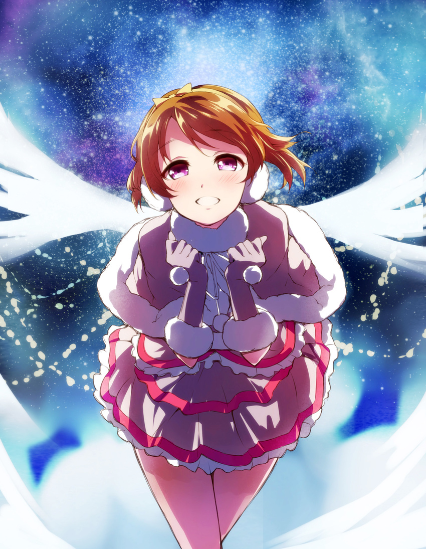 absurdres bow brown_hair capelet earmuffs fur-trimmed_gloves fur_trim gloves grin hair_bow hairband highres koizumi_hanayo leaning_forward looking_at_viewer love_live! love_live!_school_idol_project night night_sky pom_pom_(clothes) purple_eyes short_hair skirt sky smile snow_halation solo wings ytk_(yutta-p)