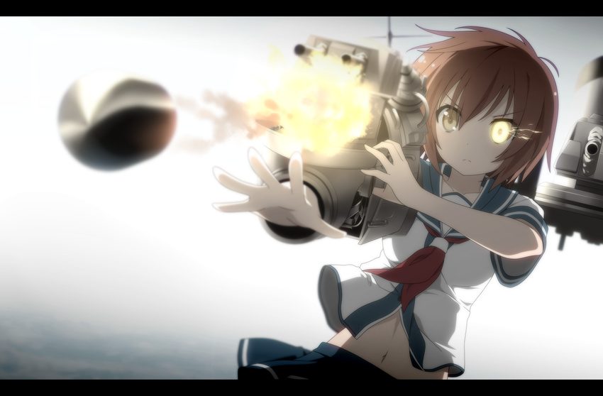 aiming anime_coloring bullet explosion firing furutaka_(kantai_collection) glowing glowing_eye haribote_(tarao) kantai_collection letterboxed muzzle_flash neckerchief school_uniform serafuku short_hair solo turret yellow_eyes