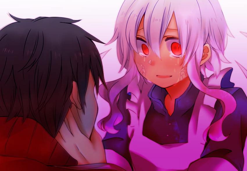 1girl aoi_choko_(aoichoco) black_hair hand_on_another's_face kagerou_project kisaragi_shintarou kozakura_marry looking_at_another md5_mismatch red_eyes scales silver_hair spoilers tears