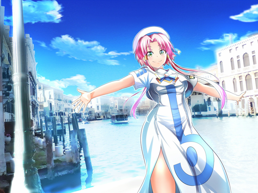 aria beret building cloud day dress green_eyes hair_tubes hat kurorettsu long_hair mizunashi_akari outstretched_arms photo_background pink_hair river short_hair_with_long_locks short_sleeves side_slit sidelocks sky solo spread_arms stream uniform water white_dress