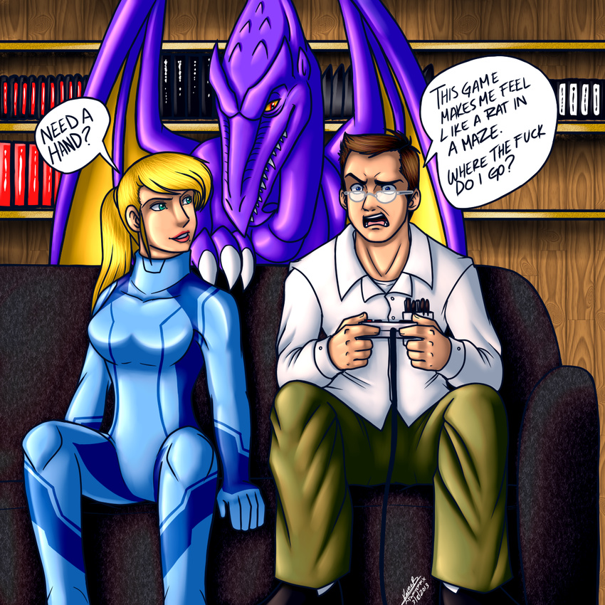 alien angry_video_game_nerd avgn crossover dialog dragon english_text female group human james_rolfe male mammal metroid ridley samus_aran samusmmx scalie text wings