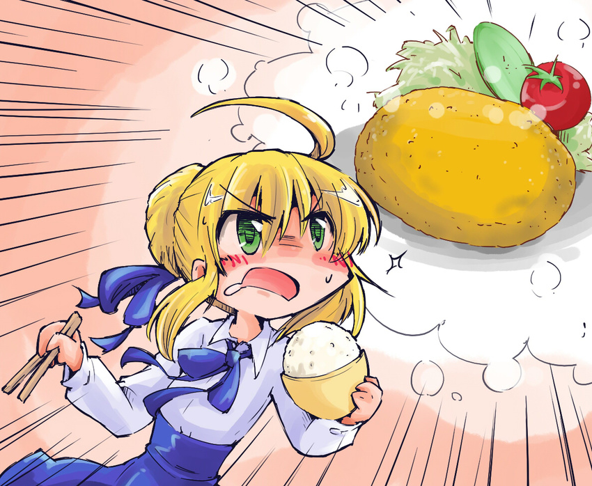 ahoge artoria_pendragon_(all) blonde_hair blush bowl chopsticks drooling fate/stay_night fate_(series) food green_eyes hair_ornament hair_ribbon holding imagining ribbon rice rice_bowl saber shinapuu simple_background solo sparkle sweat