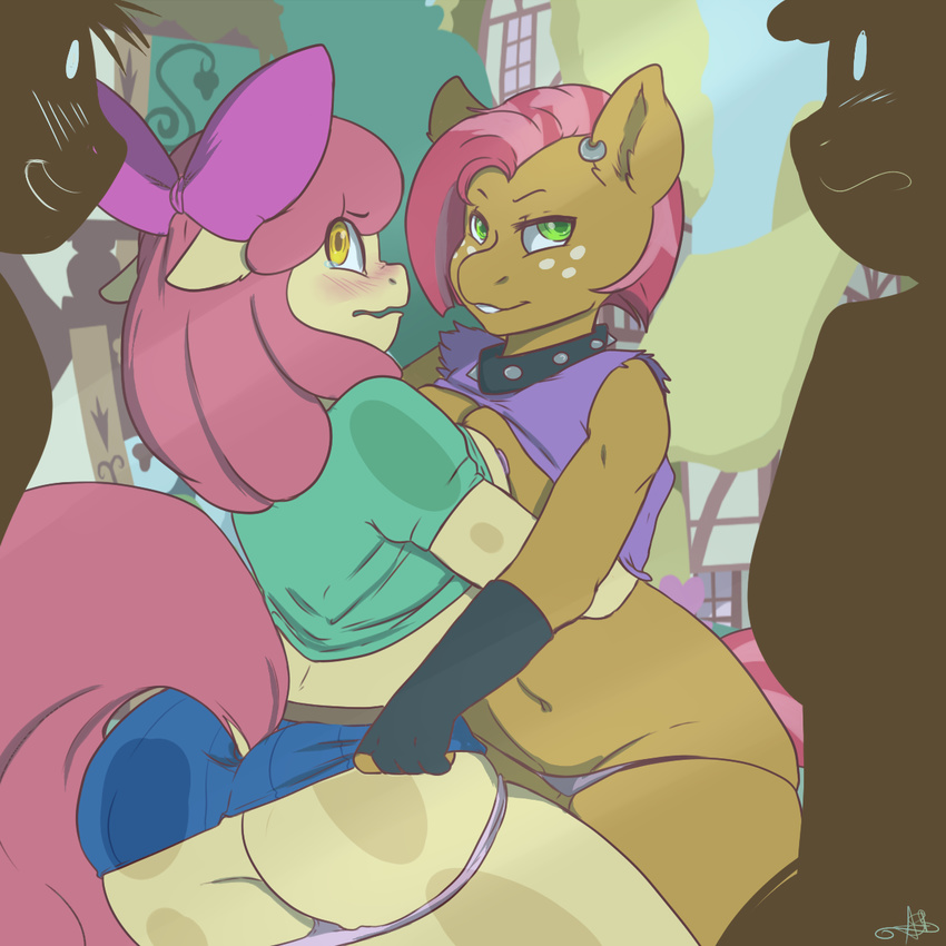 amber_eyes anthro anthrofied apple_bloom_(mlp) arnachy babs_seed_(mlp) blush bow breast_squish breasts brown_fur butt clothing collar cousin ear_piercing earth_pony equine female freckles friendship_is_magic fur gloves green_eyes group hair hair_bow horse incest lesbian mammal my_little_pony navel older open_mouth outside panties panties_down piercing pony red_hair shirt shorts smile spiked_collar two_tone_hair underwear undressing voyeur yellow_fur