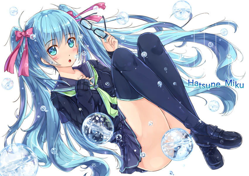 blue_eyes blue_hair blush bubbles glasses hatsuse_izuna kazeno long_hair seifuku thighhighs twintails vocaloid