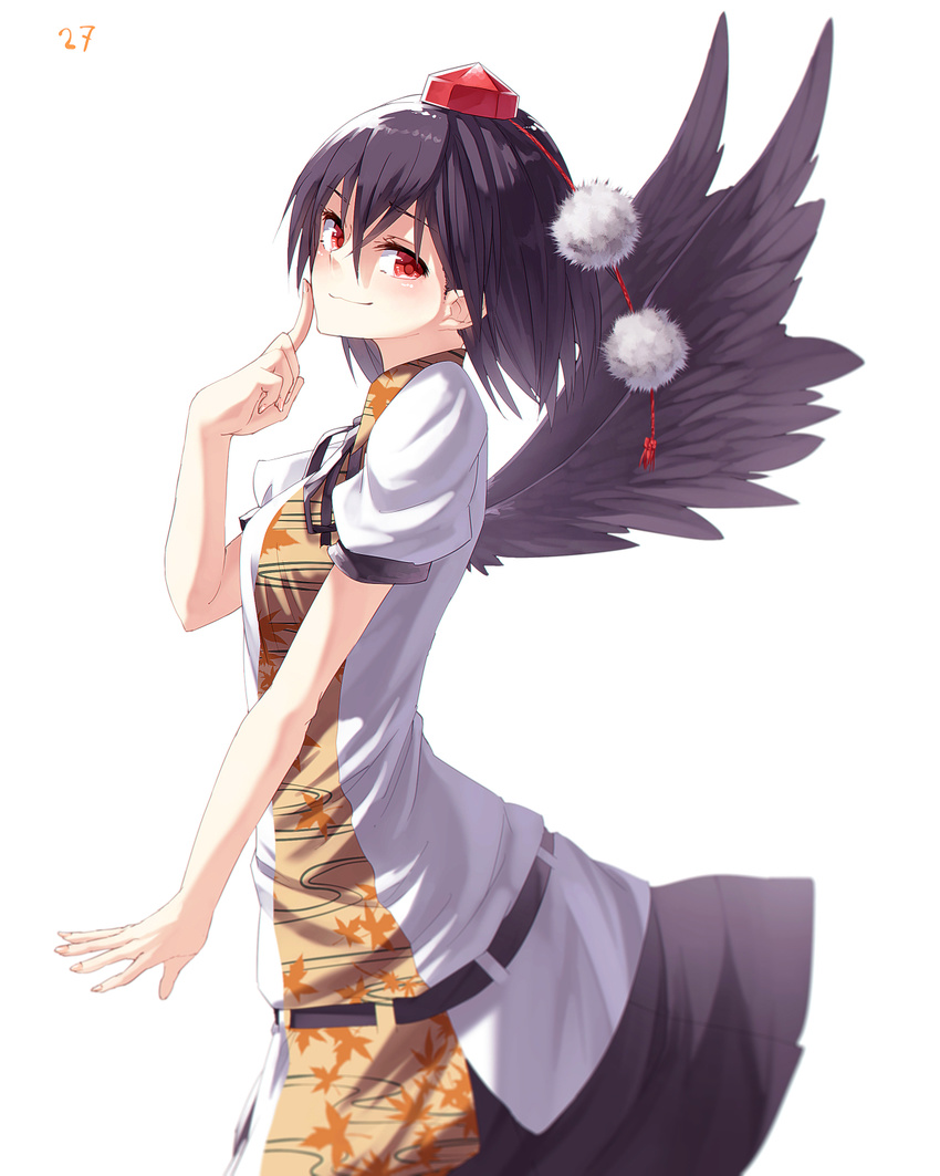 bird_wings black_hair black_wings finger_to_cheek floral_print hat hat_ribbon highres ibuki_notsu leaf_print looking_at_viewer puffy_short_sleeves puffy_sleeves red_eyes ribbon shameimaru_aya shirt short_sleeves simple_background skirt smile solo tokin_hat touhou white_background wings