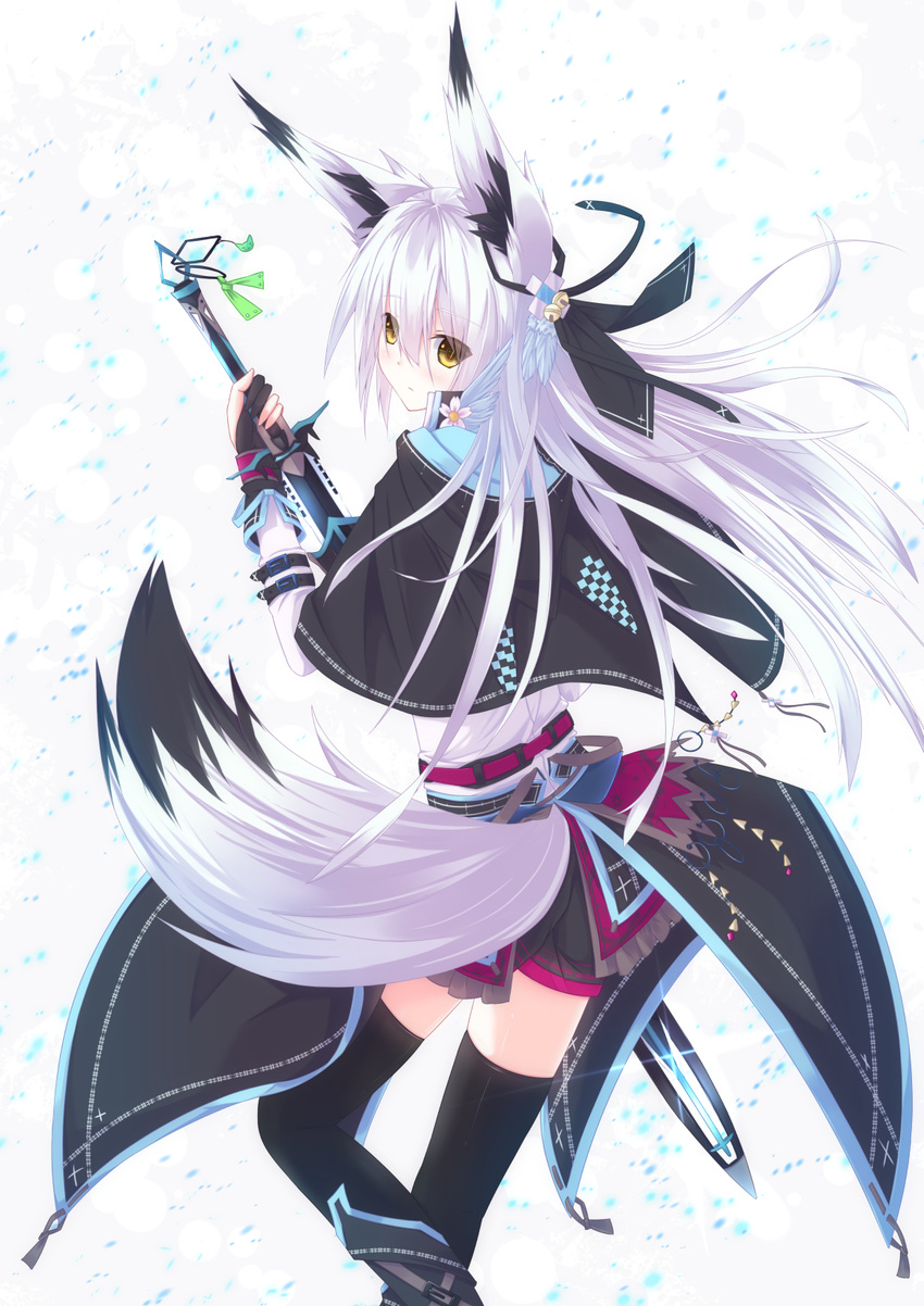 animal_ears ankle_boots ass belt black_legwear boots buckle capelet closed_mouth fox_ears fox_tail from_behind highres holding holding_sword holding_weapon long_hair long_sleeves looking_at_viewer looking_back nagishiro_mito original shorts simple_background solo sword tail tareme thighhighs unsheathed weapon white_background white_hair yellow_eyes