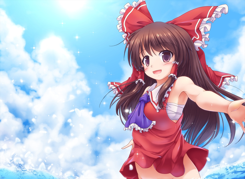 armpits ascot bare_arms bare_shoulders blue_sky blush bottomless bow brown_eyes brown_hair cloud day groin hair_bow hair_tubes hakurei_reimu highres long_hair lzh naked_shirt open_mouth out-of-frame_censoring outstretched_arms sarashi shirt sky sleeveless sleeveless_shirt smile solo sun touhou water