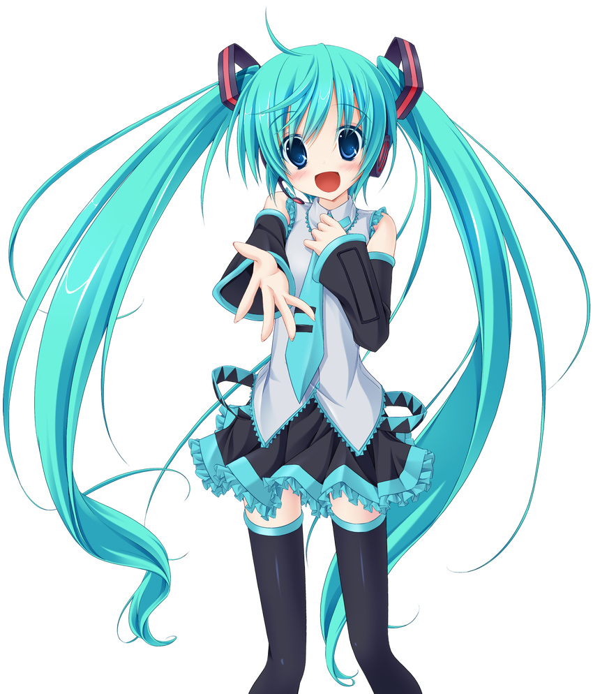 aqua_eyes aqua_hair blush colorized detached_sleeves hatsune_miku headphones highres long_hair necktie open_mouth outstretched_hand skirt smile solo thighhighs transparent_background twintails vocaloid wata_(akawata)